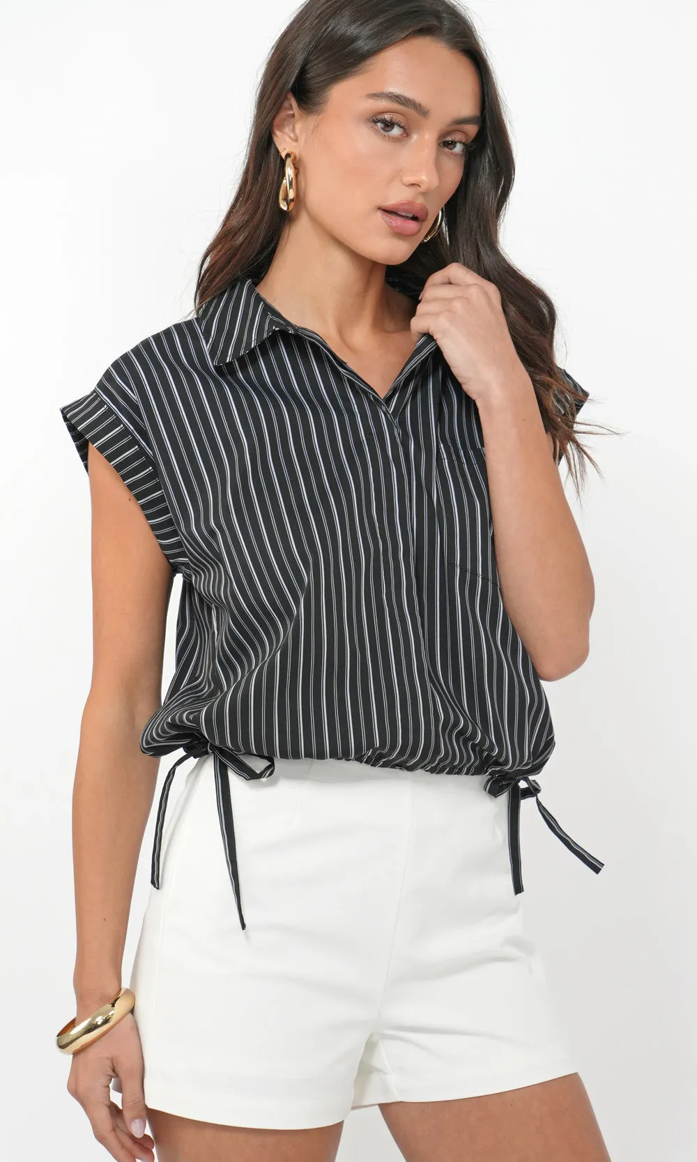 Mallory Cropped Button Down w/ Side Drawstring sold by Greylin product image thumbnail 2