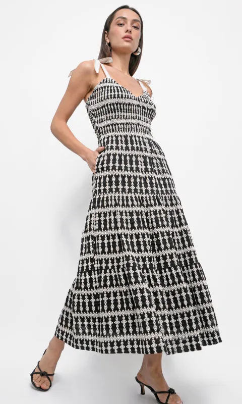 Jayla Embroidery Eyelet Smocked Midi Dress sold by Greylin