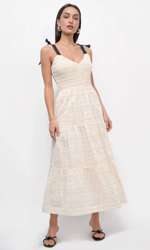 Jayla Embroidery Eyelet Smocked Midi Dress sold by Greylin