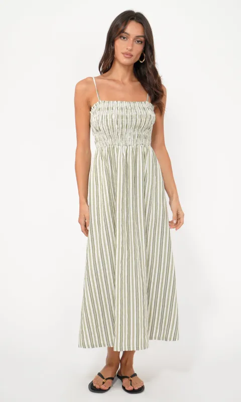 Lanis Stripe Smocking Removable Strap Midi Dress sold by Greylin