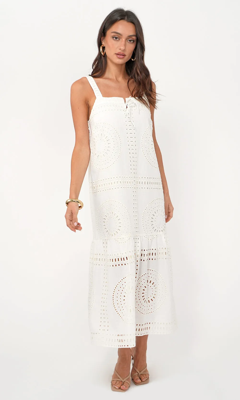 Hydie Eyelet Tie Front Midi Dress sold by Greylin