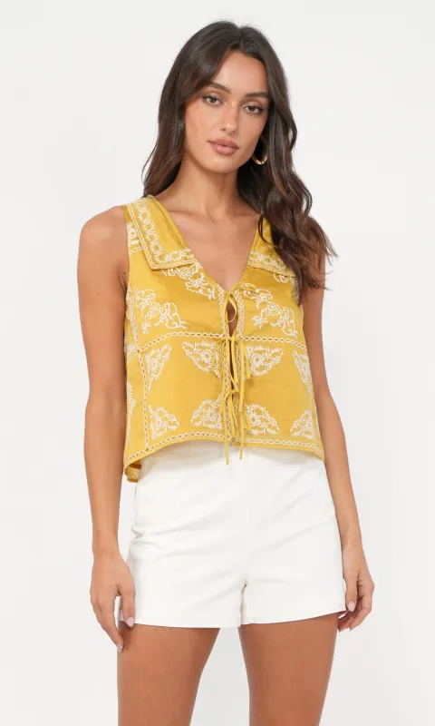 Santia Embroidered Tie Front Top w/ Collar sold by Greylin