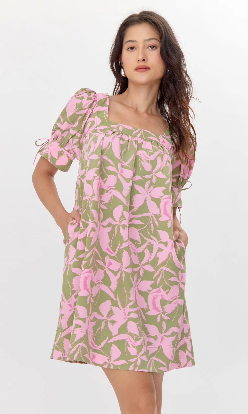 Vienna Print Square Neck Mini Dress with Tie Sleeve sold by Greylin