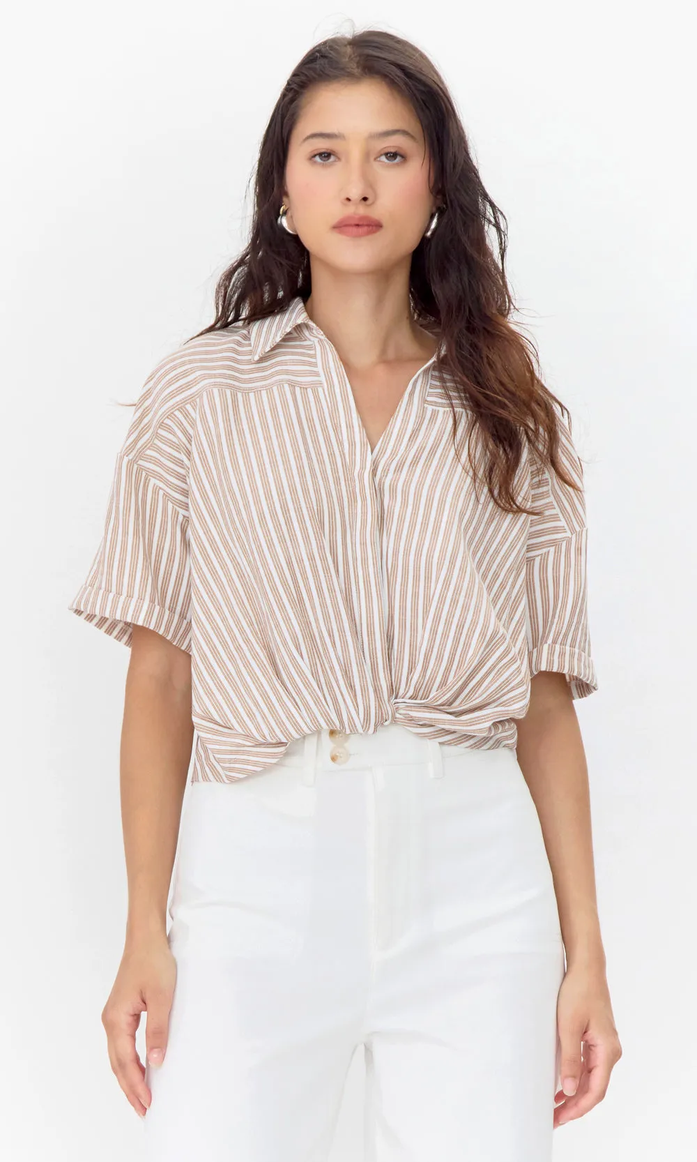 Maria Cropped Twist Front Stripe Shirt sold by Greylin