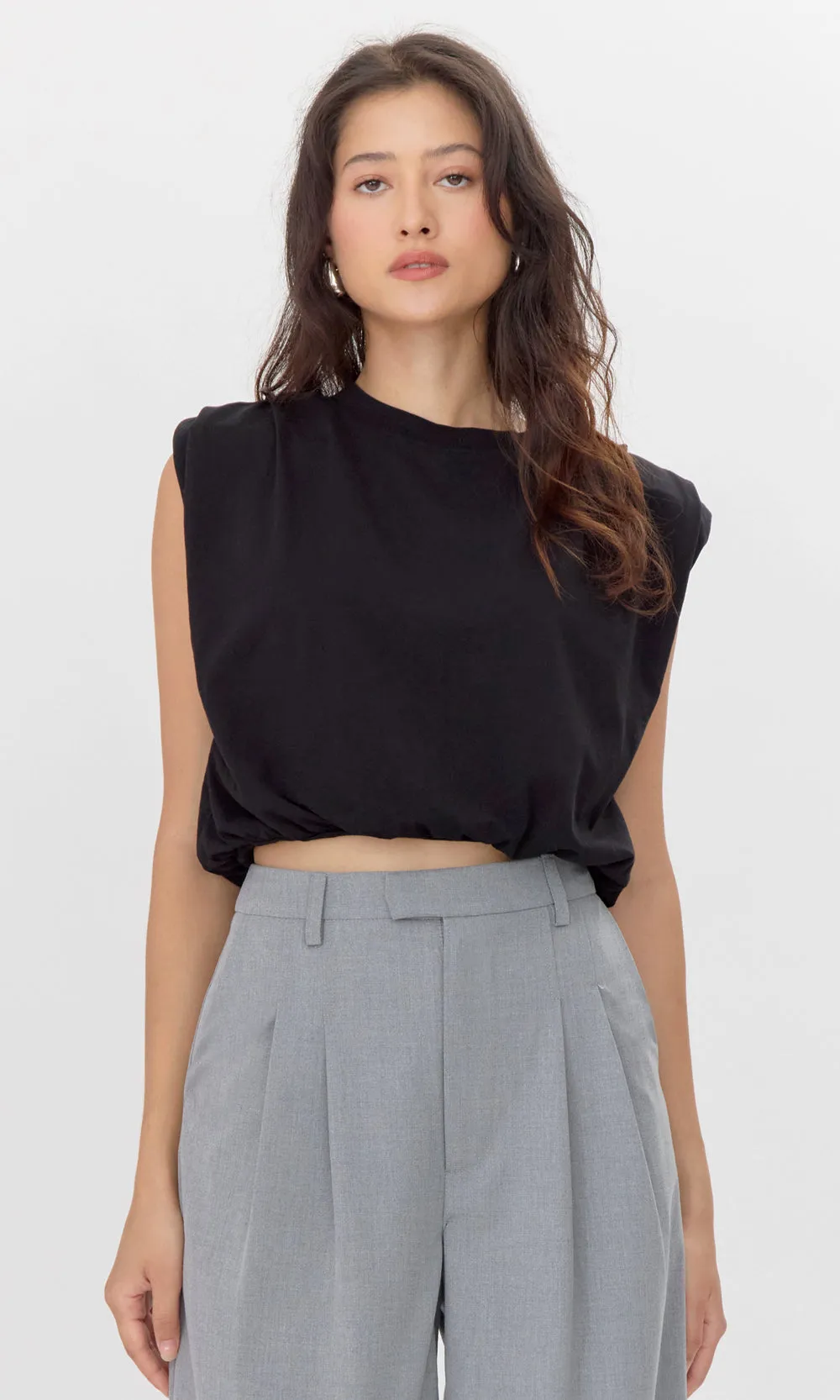 Alisa Padded Shoulder Jersey Bubble Top sold by Greylin