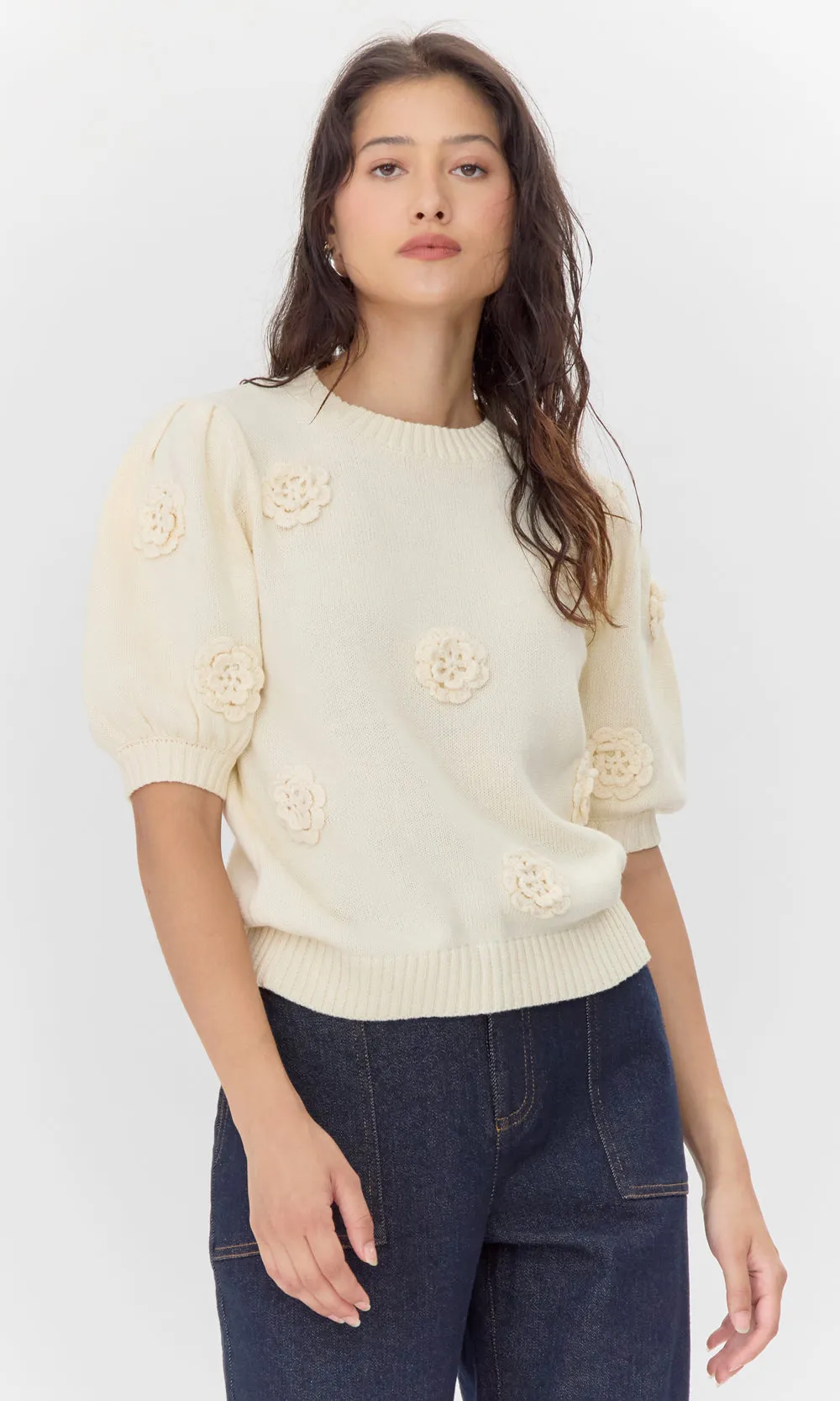 Bria Rosette Puff Sleeve Sweater sold by Greylin