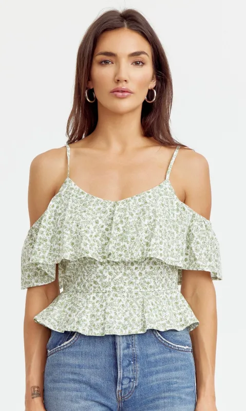 Pia Off Shoulder Flutter Top sold by Greylin