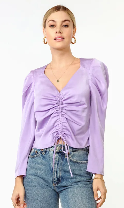 Violeta Ruched Puff Sleeve Satin Top sold by Greylin