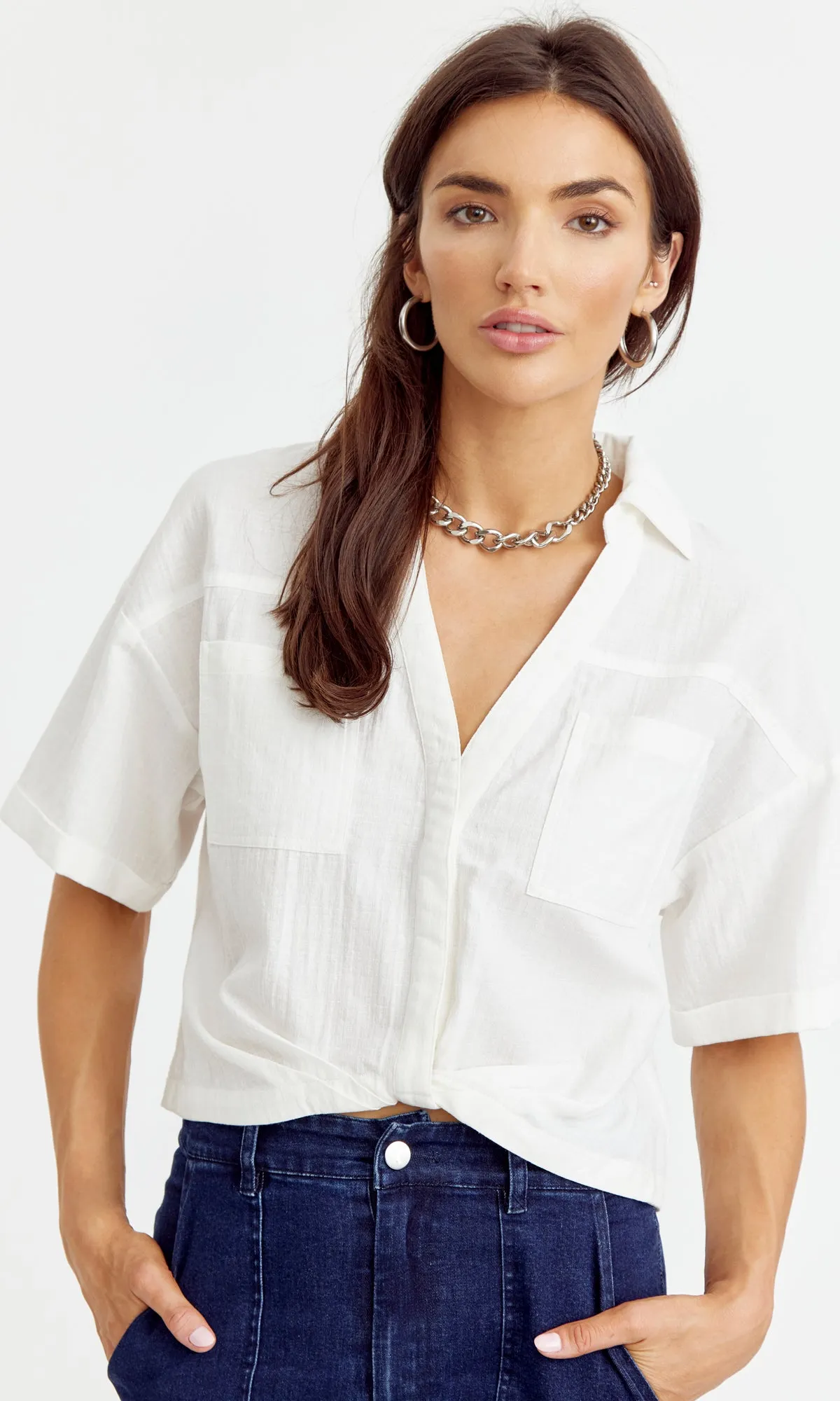 Maria Tucked Cropped Shirt sold by Greylin