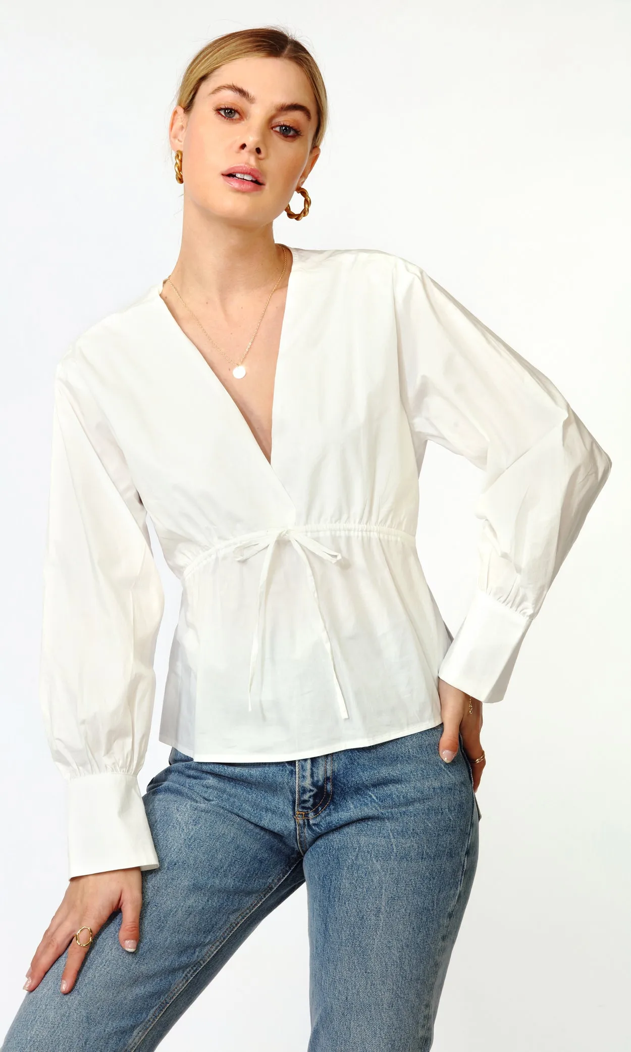 Gianna Tie Front Long Sleeve Poplin Top sold by Greylin