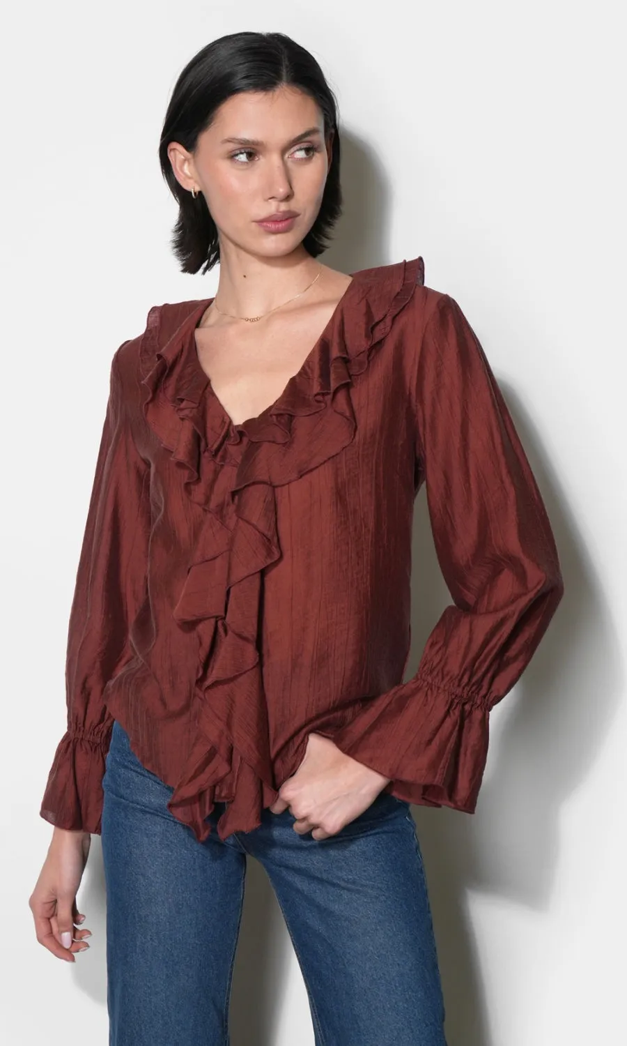 Gemma Cascading Ruffle Button Front Long Sleeve Top sold by Greylin product image thumbnail 2