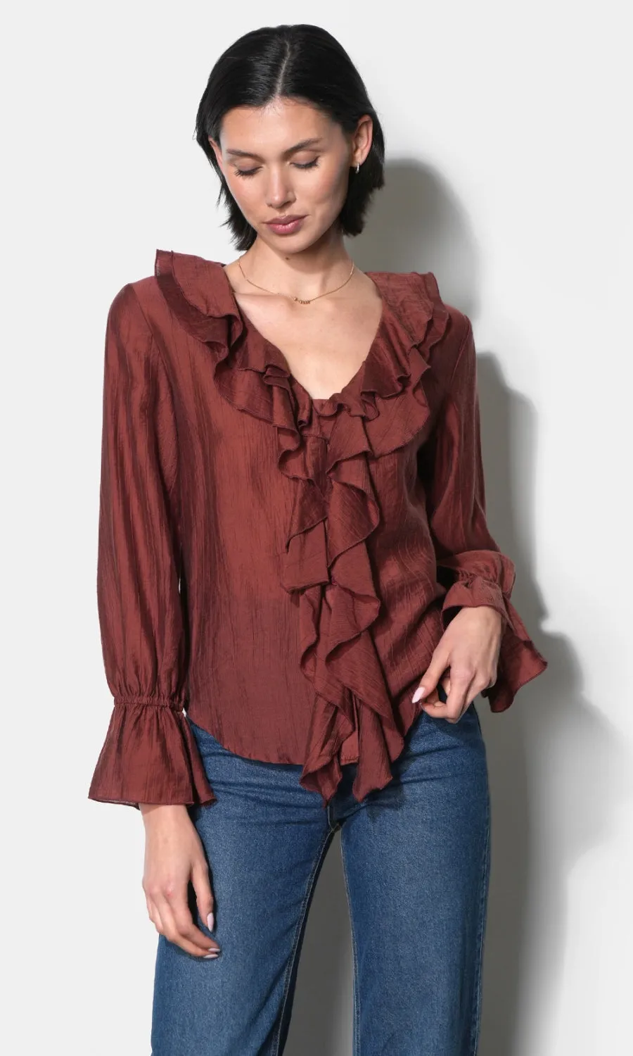 Gemma Cascading Ruffle Button Front Long Sleeve Top sold by Greylin product image thumbnail 4