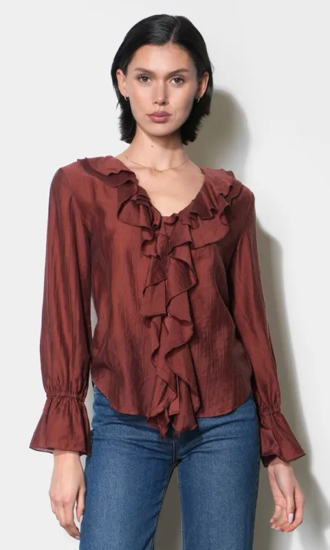 Gemma Cascading Ruffle Button Front Long Sleeve Top made by Greylin