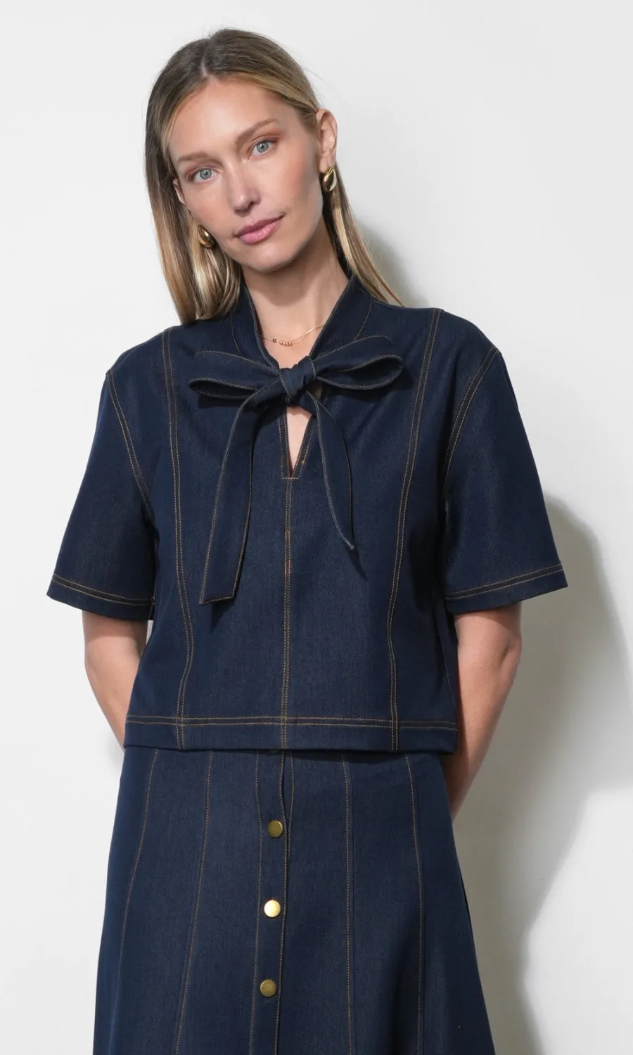 Inez Boxy Denim Top With Tie Neck sold by Greylin product image thumbnail 4