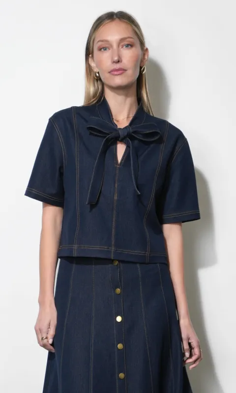 Inez Boxy Denim Top With Tie Neck made by Greylin