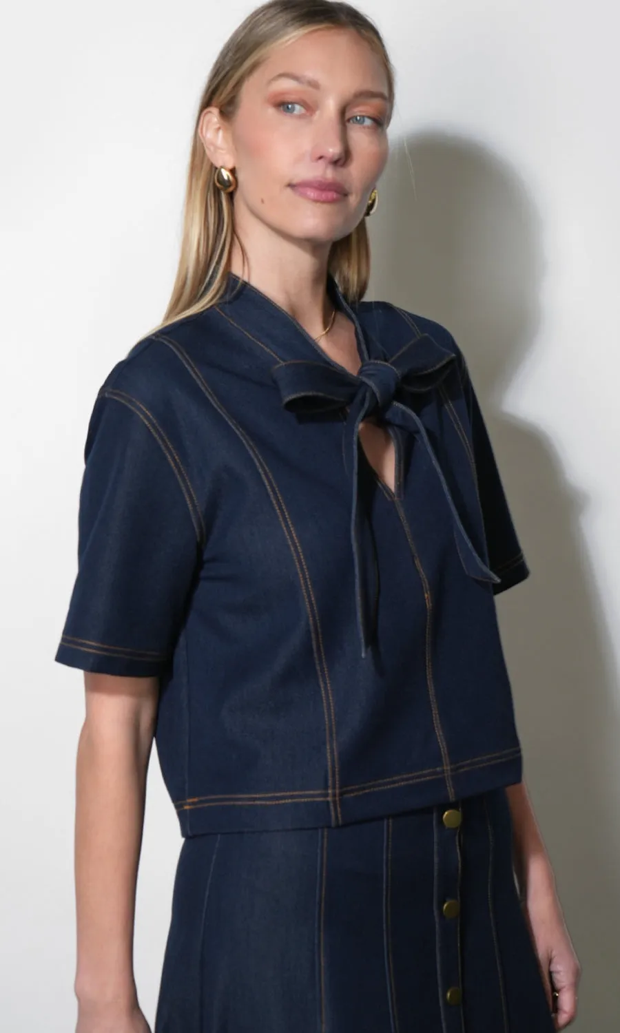 Inez Boxy Denim Top With Tie Neck sold by Greylin product image thumbnail 2