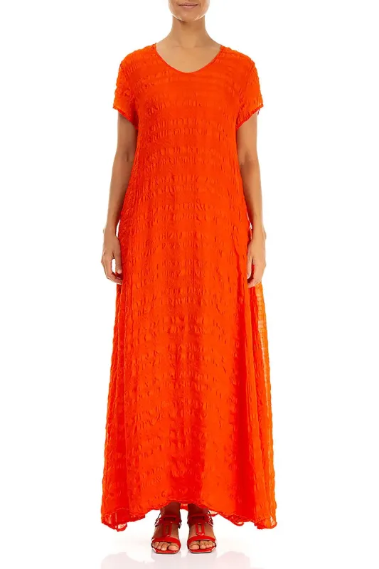 Short Sleeves Flame Orange Light Silk Maxi Dress made by Grizas