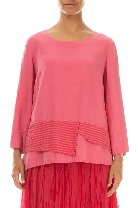 Layered Textured Hem Raspberry Silk Linen Blouse made by Grizas