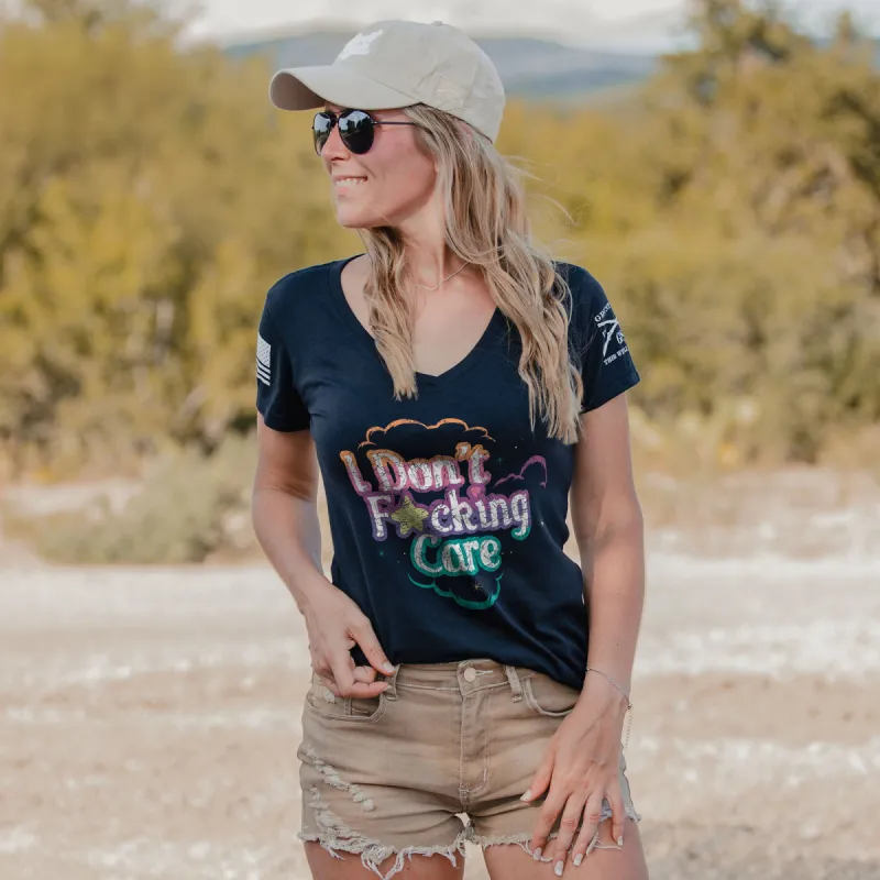 Women's I Don't F*cking Care V-Neck - Midnight Navy sold by Grunt Style