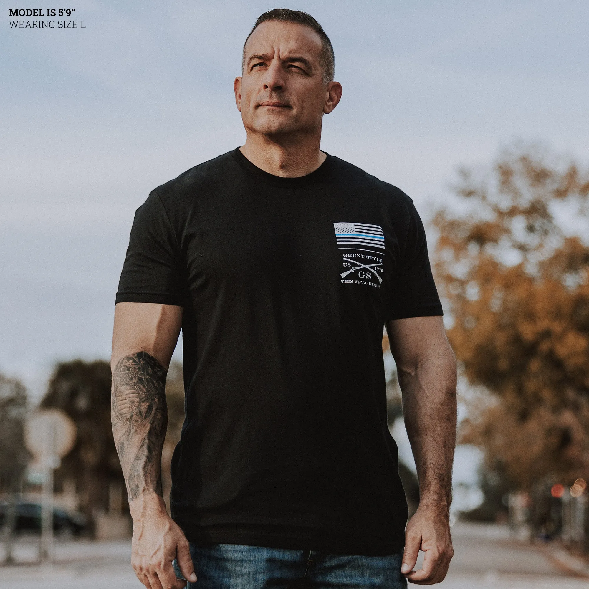 Basic Blue Line Flag T-Shirt - Black sold by Grunt Style product image thumbnail 3