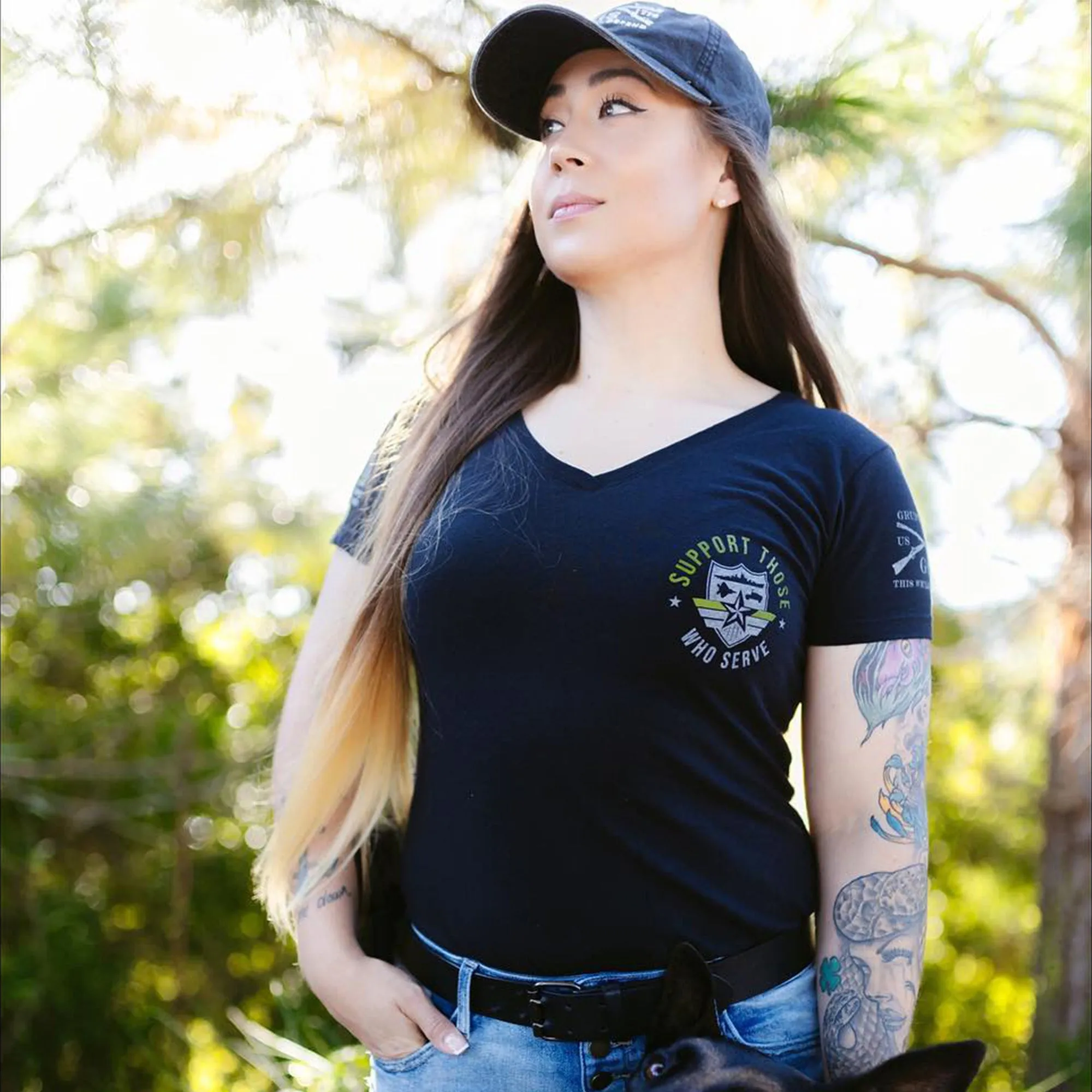 Women's Support Those Who Serve Green Line V-Neck - Black sold by Grunt Style
