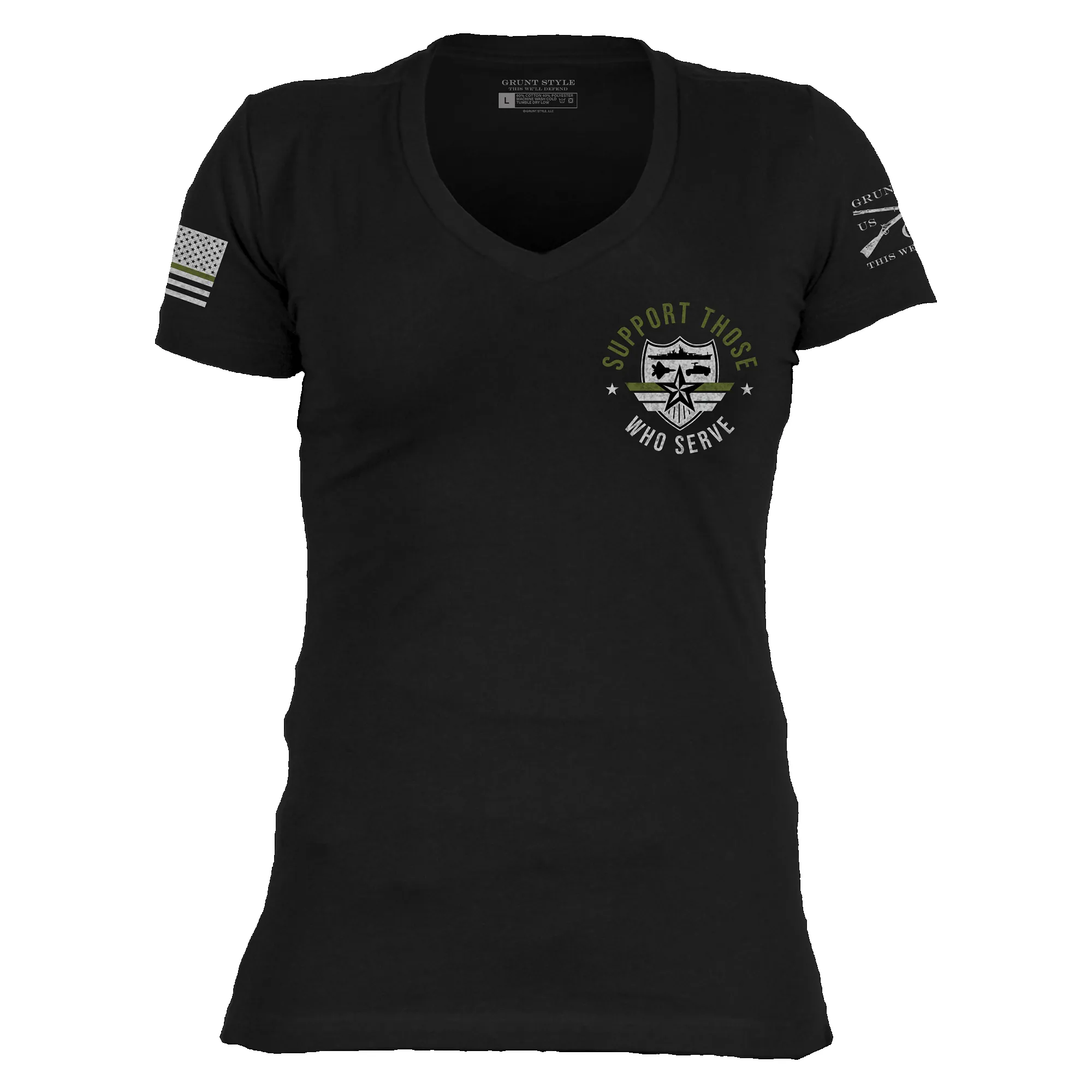 Women's Support Those Who Serve Green Line V-Neck - Black sold by Grunt Style product image thumbnail 3