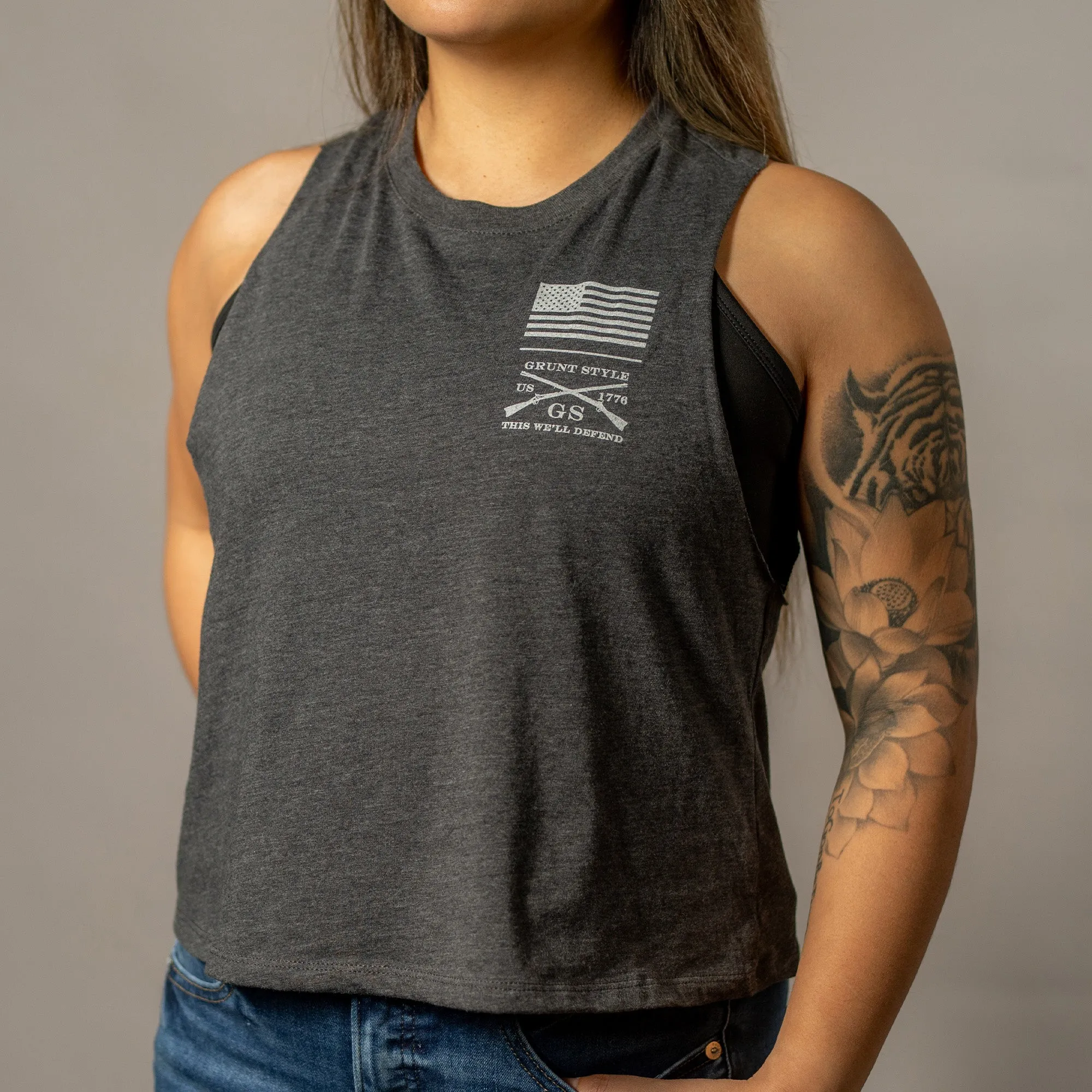 Women's I Survive Racerback Cropped Tank - Dark Heather Gray sold by Grunt Style product image thumbnail 4