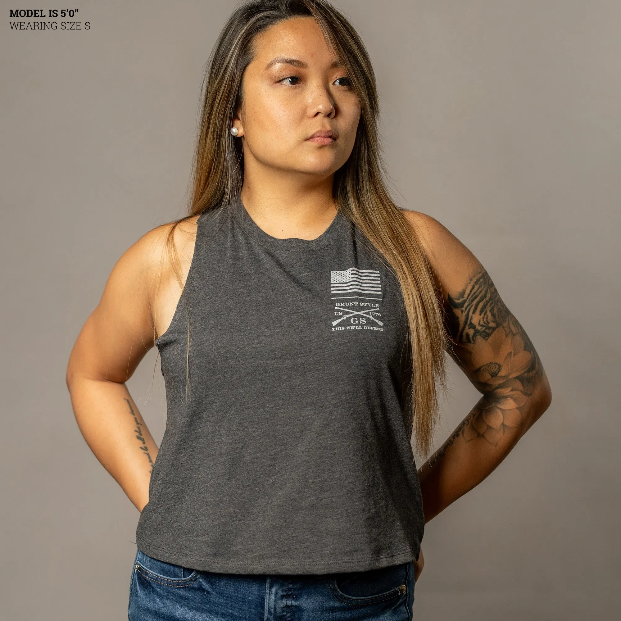 Women's I Survive Racerback Cropped Tank - Dark Heather Gray sold by Grunt Style product image thumbnail 3