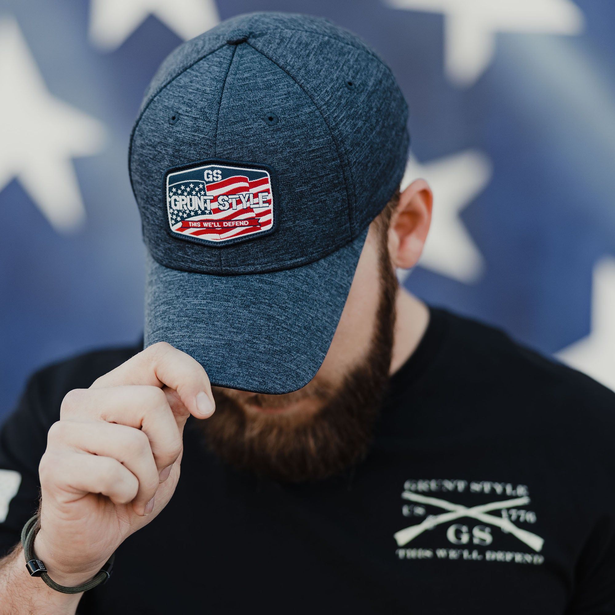 Old Glory Patch Stretch Fit Hat - Navy Heather sold by Grunt Style