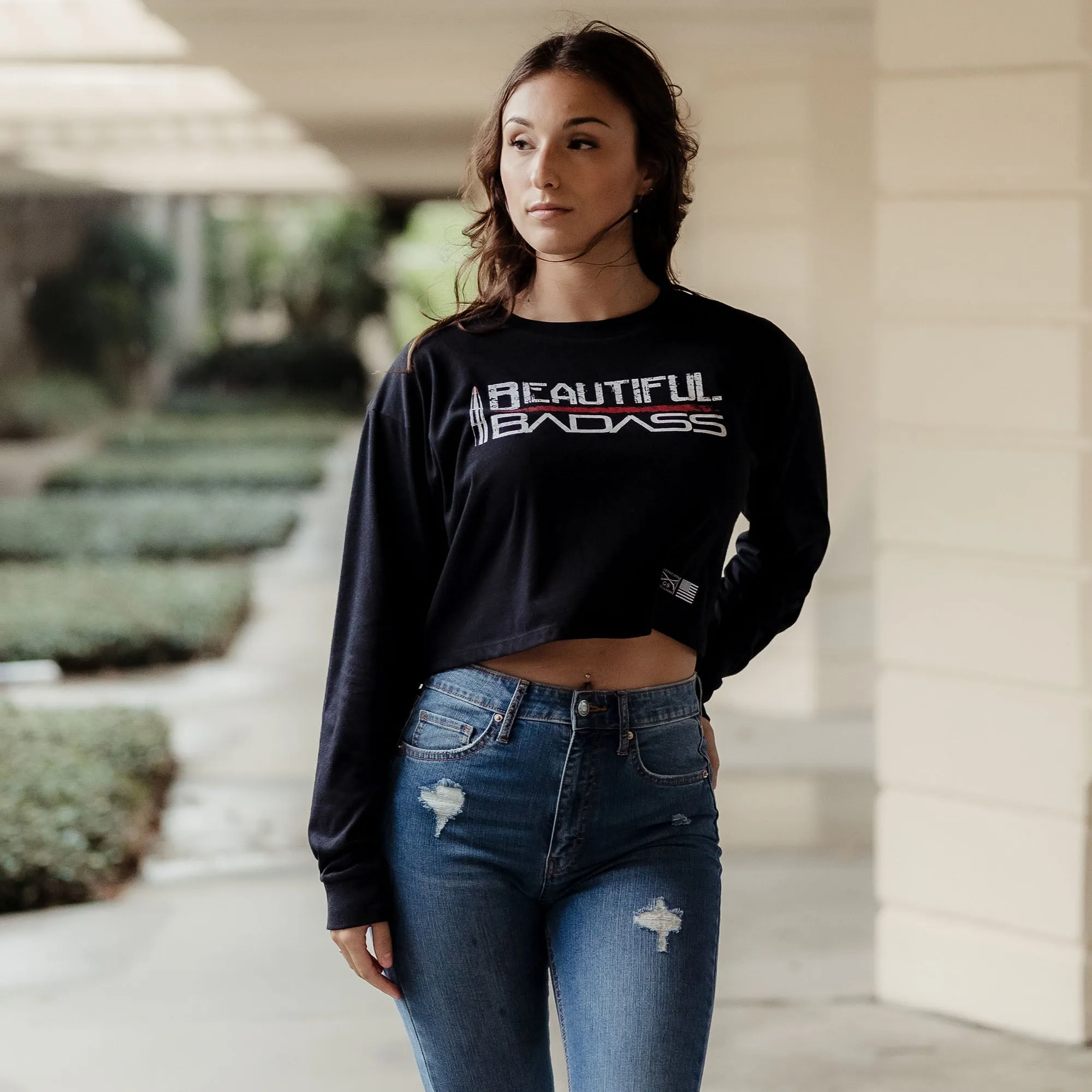 Women's Beautiful Badass Long Sleeve Cropped T-Shirt - Black sold by Grunt Style product image thumbnail 2