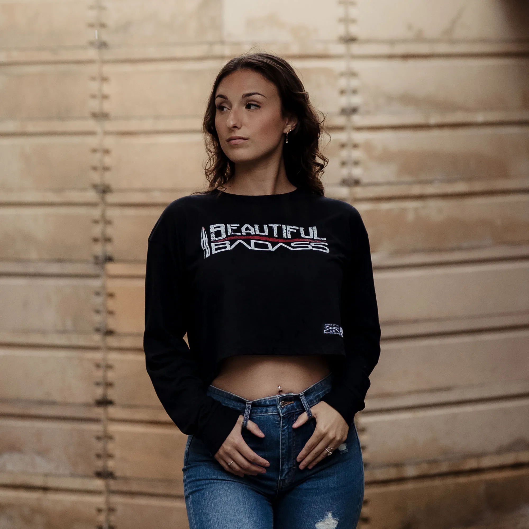 Women's Beautiful Badass Long Sleeve Cropped T-Shirt - Black sold by Grunt Style product image thumbnail 4
