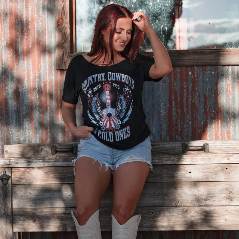 Women's Country, Cowboys & Cold Ones Slouchy T-Shirt - Black made by Grunt Style