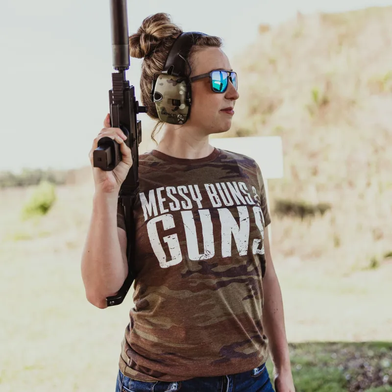 Women's Messy Buns & Guns T-Shirt - Woodland Camo sold by Grunt Style