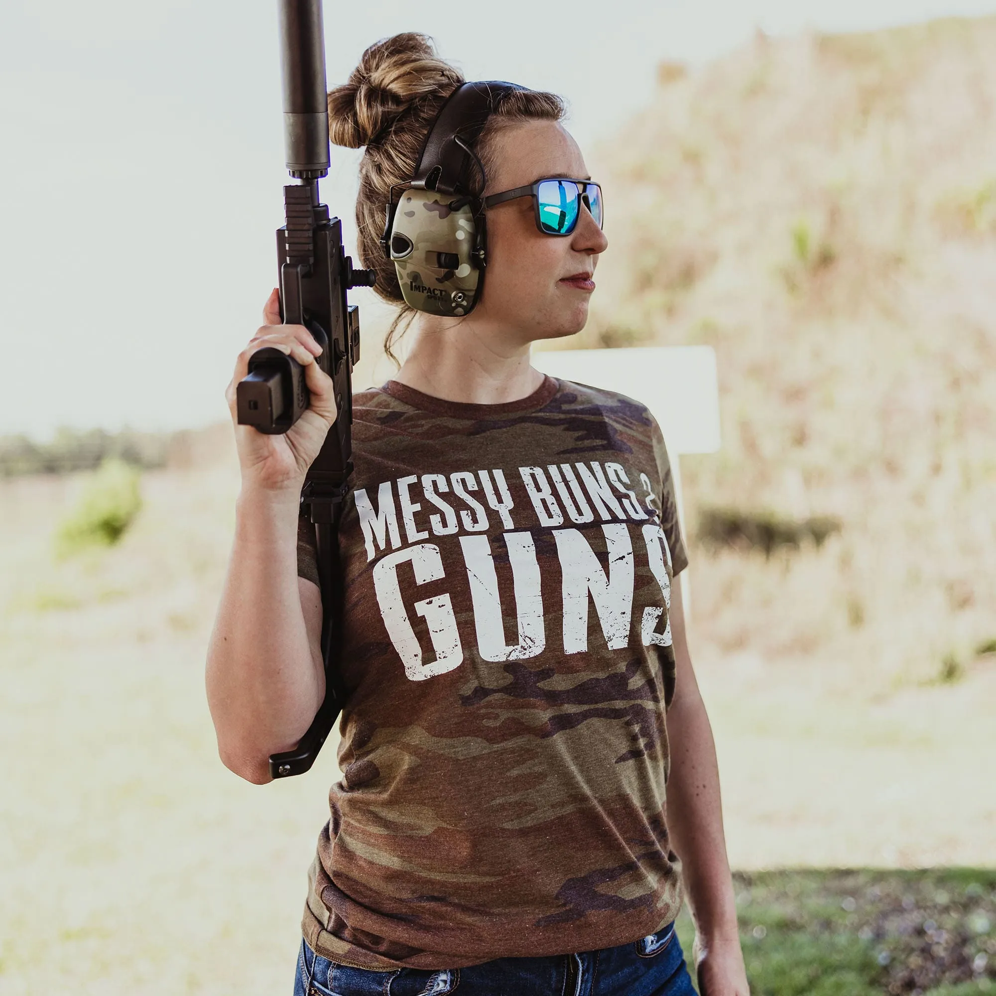 Women's Messy Buns & Guns T-Shirt - Woodland Camo sold by Grunt Style