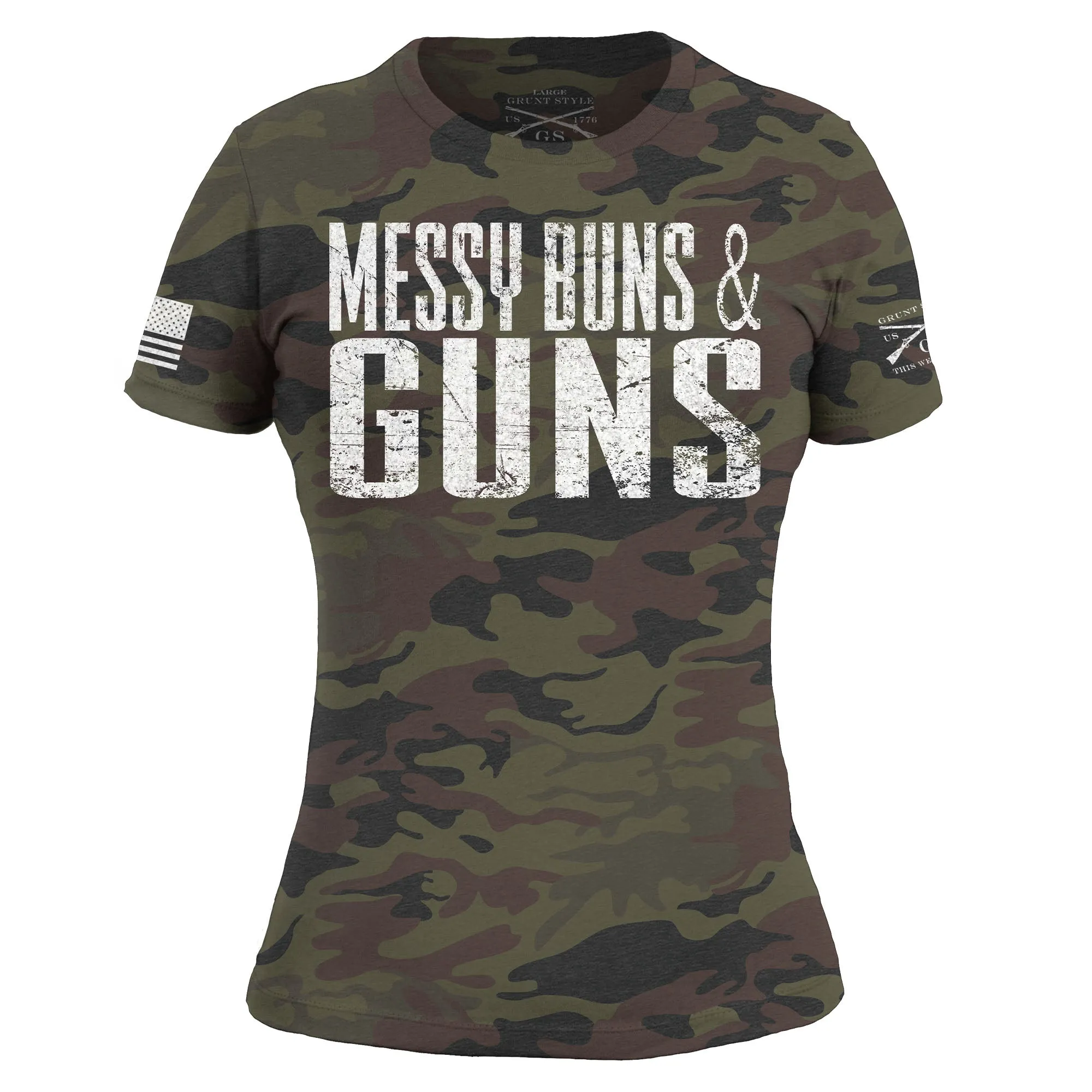 Women's Messy Buns & Guns T-Shirt - Woodland Camo sold by Grunt Style product image thumbnail 4