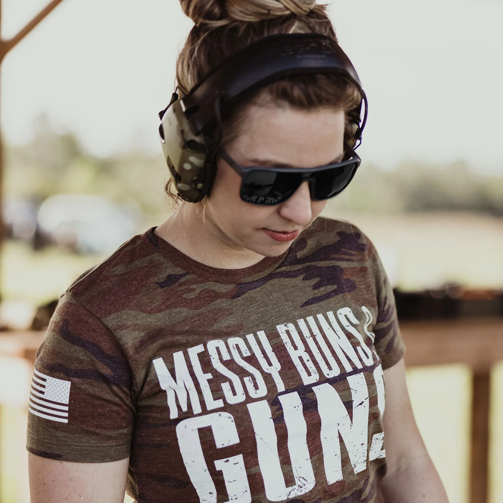 Women's Messy Buns & Guns T-Shirt - Woodland Camo sold by Grunt Style product image thumbnail 3