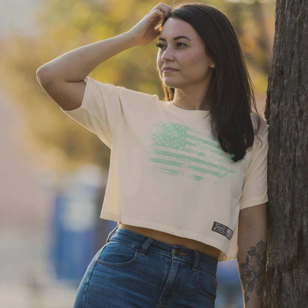 Women's Vintage American Flag Cropped T-Shirt - Natural sold by Grunt Style