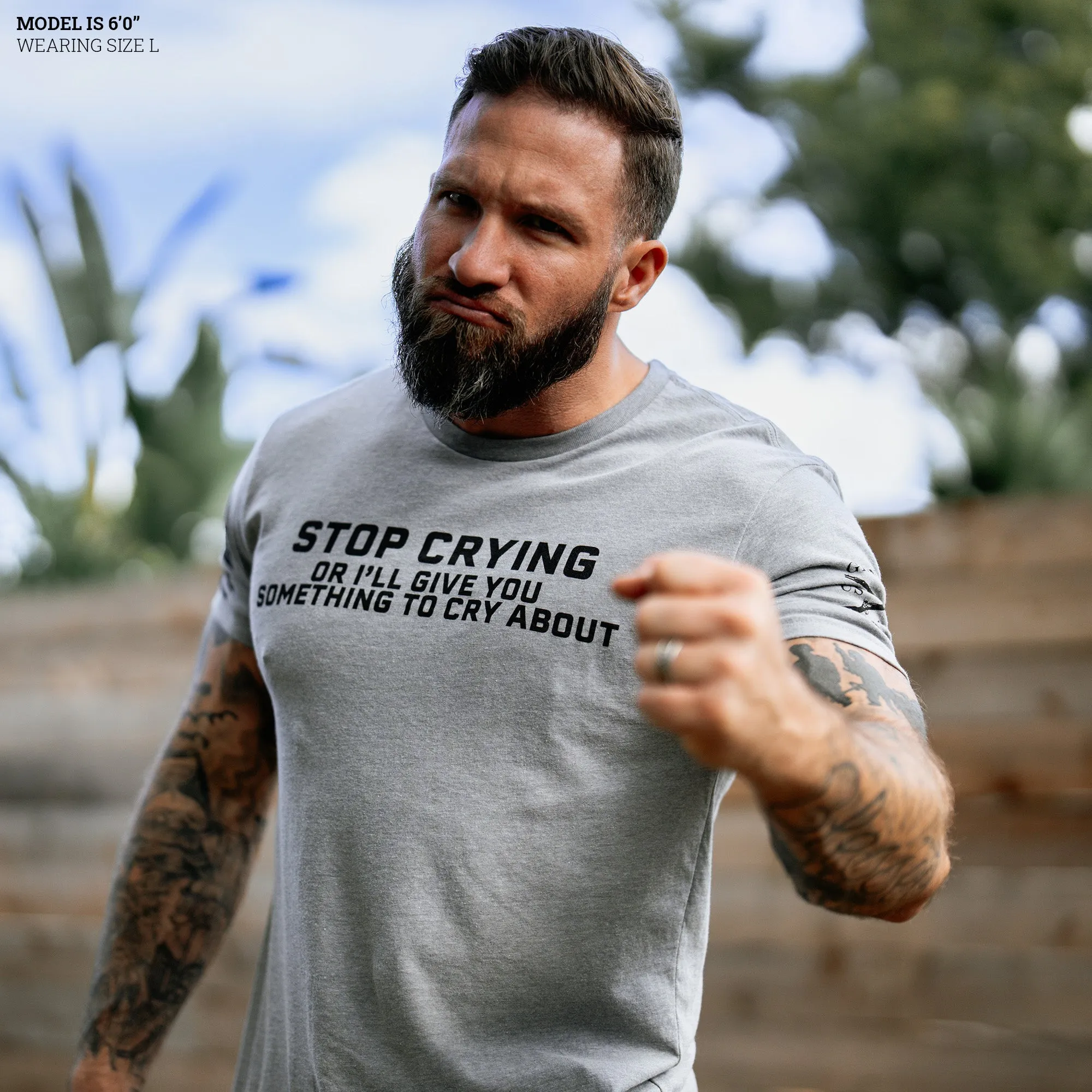 Stop Crying T-Shirt - Dark Heather Gray sold by Grunt Style product image thumbnail 5