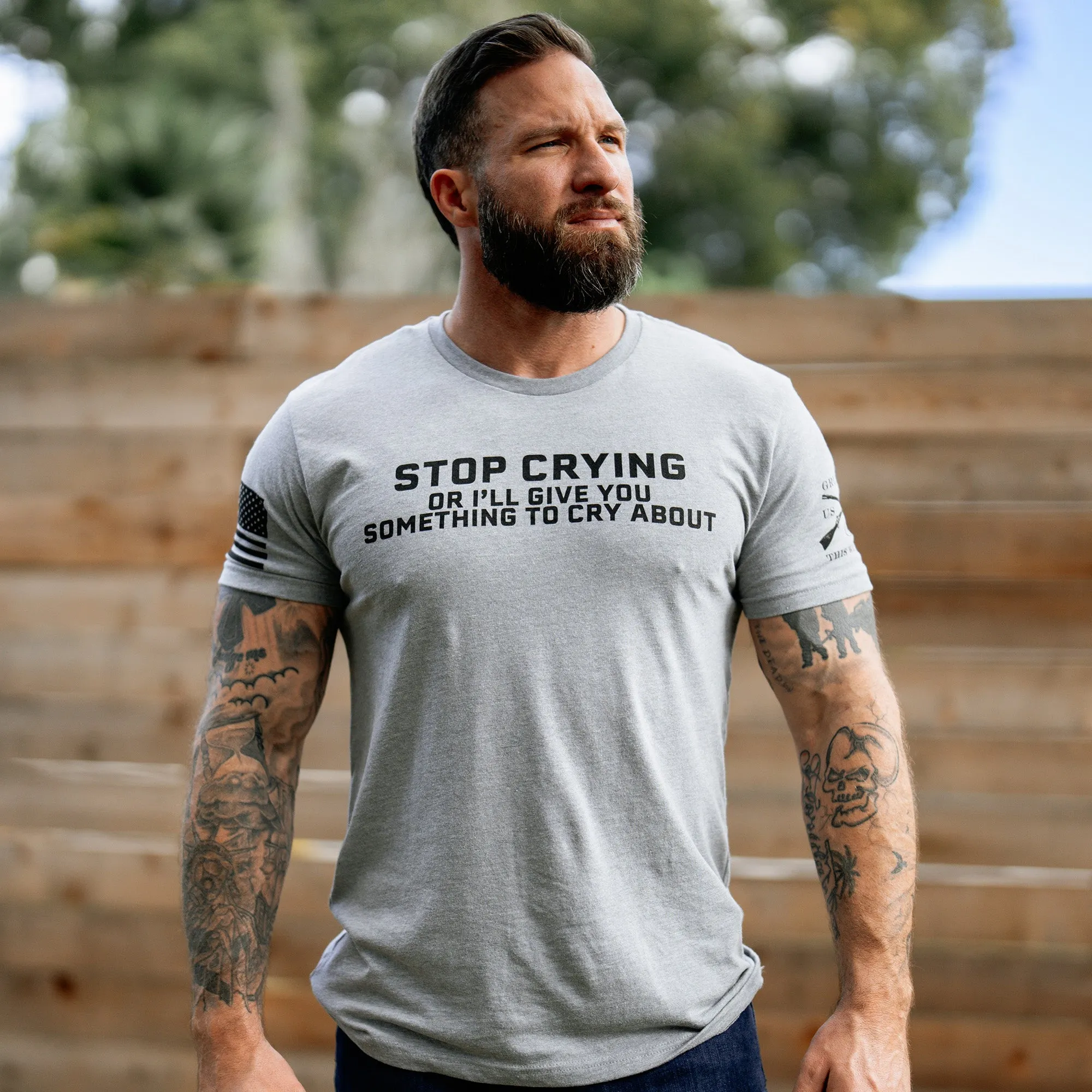 Stop Crying T-Shirt - Dark Heather Gray sold by Grunt Style product image thumbnail 3