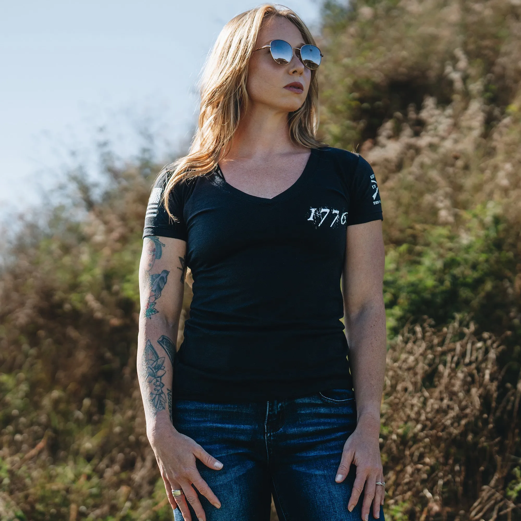 Women's 1776 Flag V-Neck - Black sold by Grunt Style product image thumbnail 5