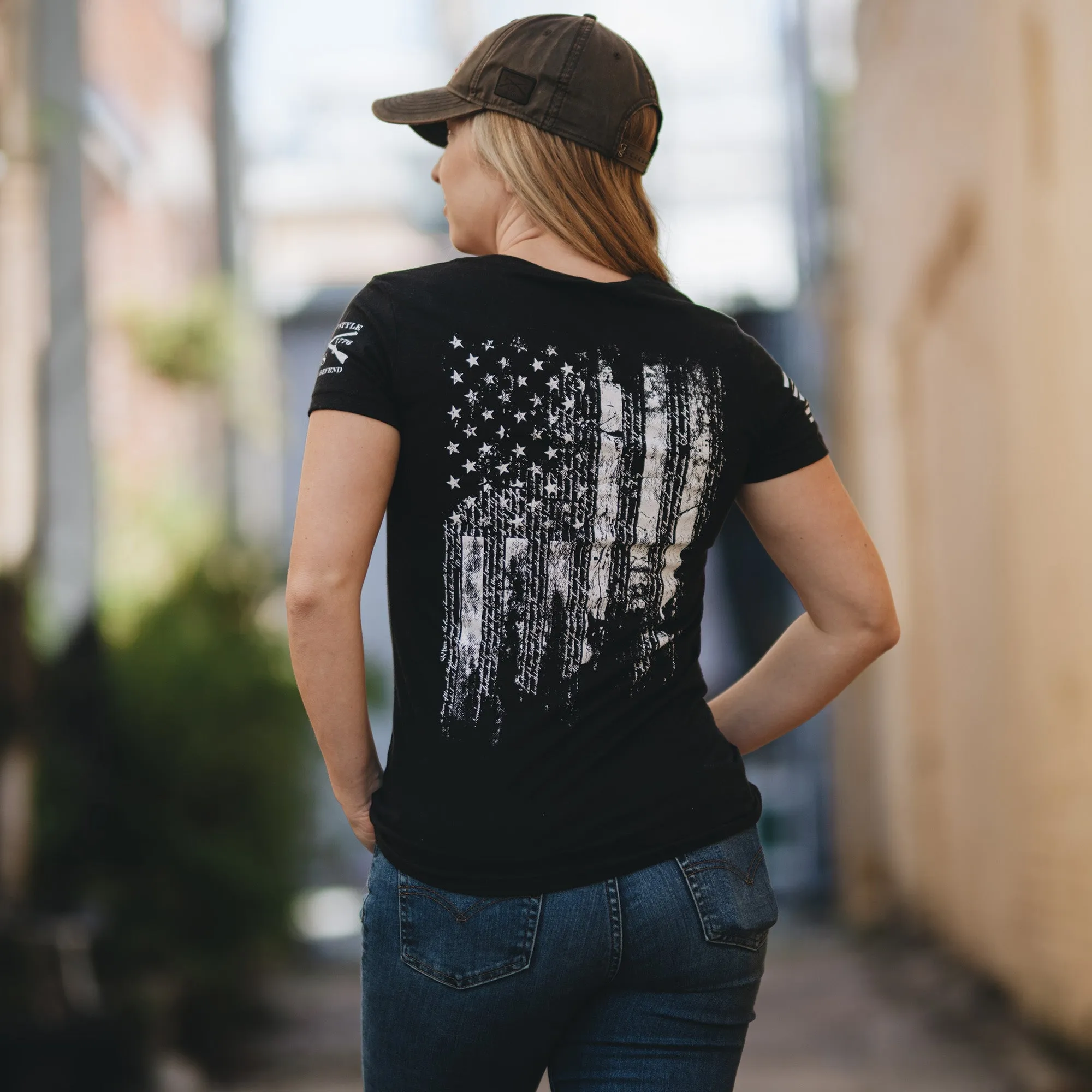 Women's 1776 Flag V-Neck - Black sold by Grunt Style