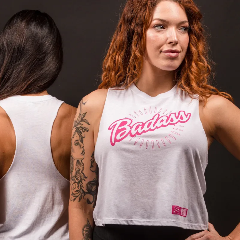 Women's Badass Racerback Cropped Tank - White sold by Grunt Style