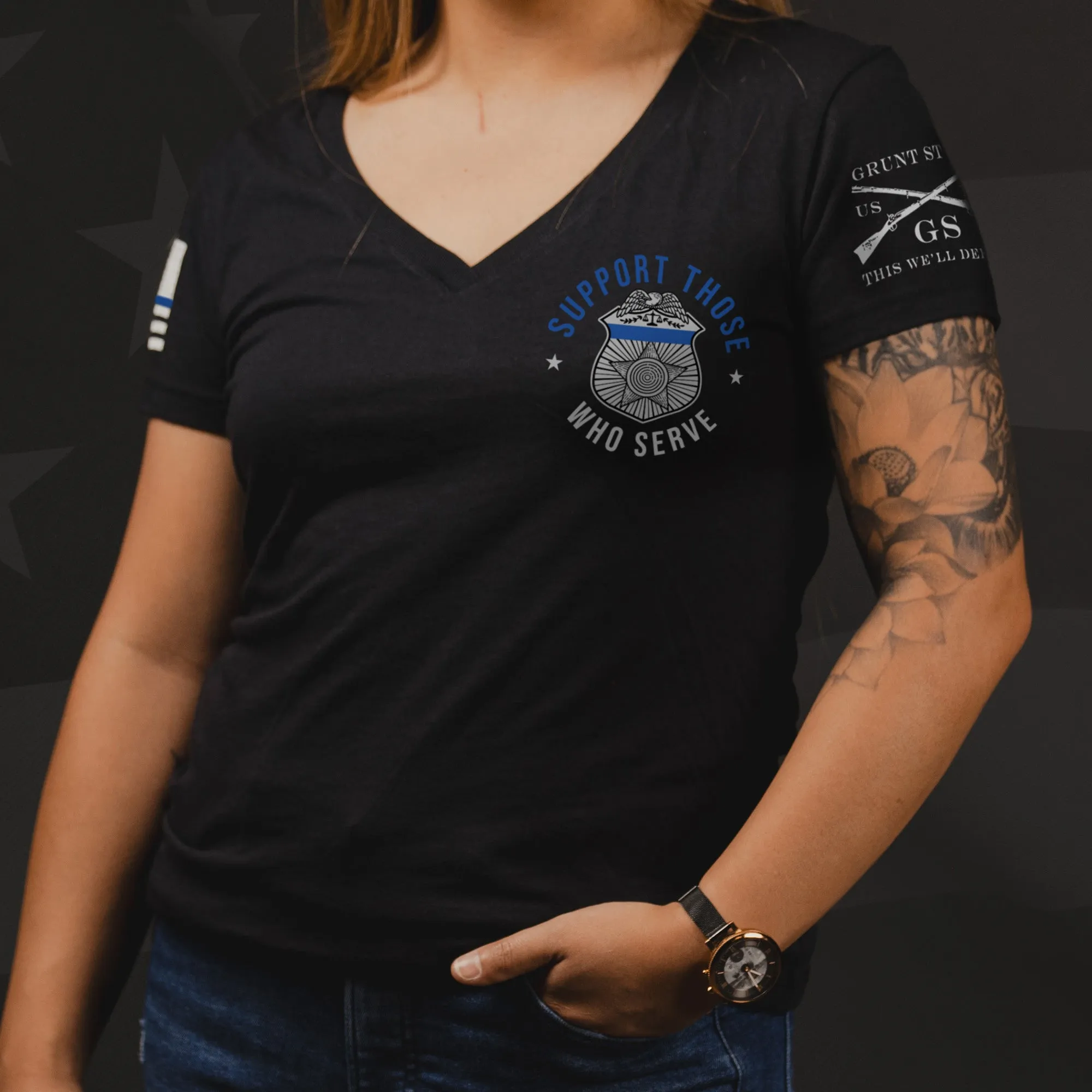Women's Blue Line Support Those Who Serve V-Neck T-Shirt - Black sold by Grunt Style