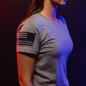 Women's Blue Line Flag T-Shirt - Dark Heather Gray sold by Grunt Style