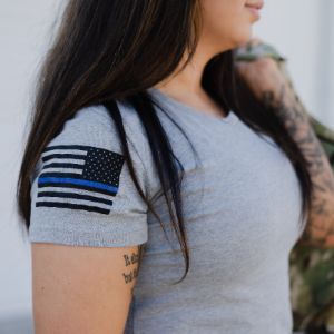Women's Blue Line Flag T-Shirt - Dark Heather Gray sold by Grunt Style