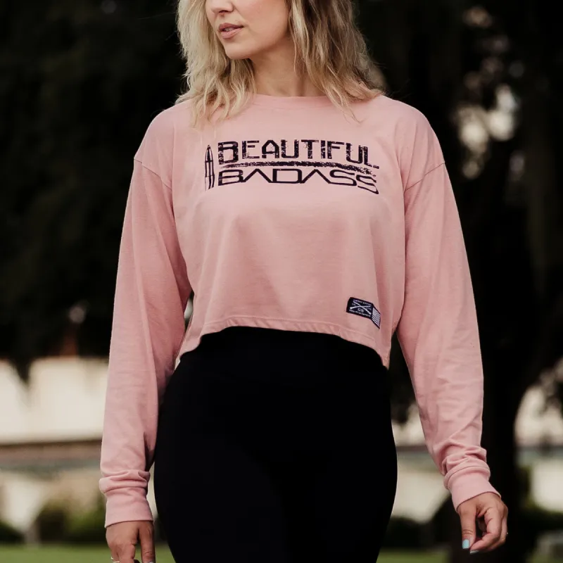 Women's Beautiful Badass Long Sleeve Cropped T-Shirt - Desert Pink made by Grunt Style