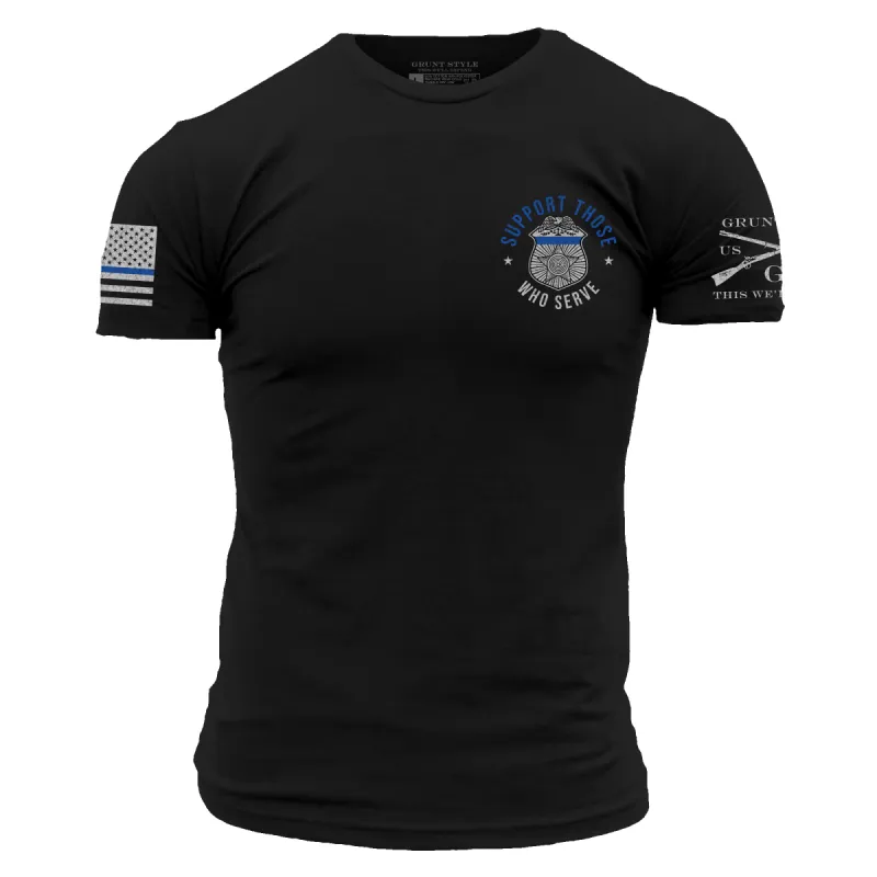 Blue Line Support Those Who Serve™  T-Shirt - Black sold by Grunt Style