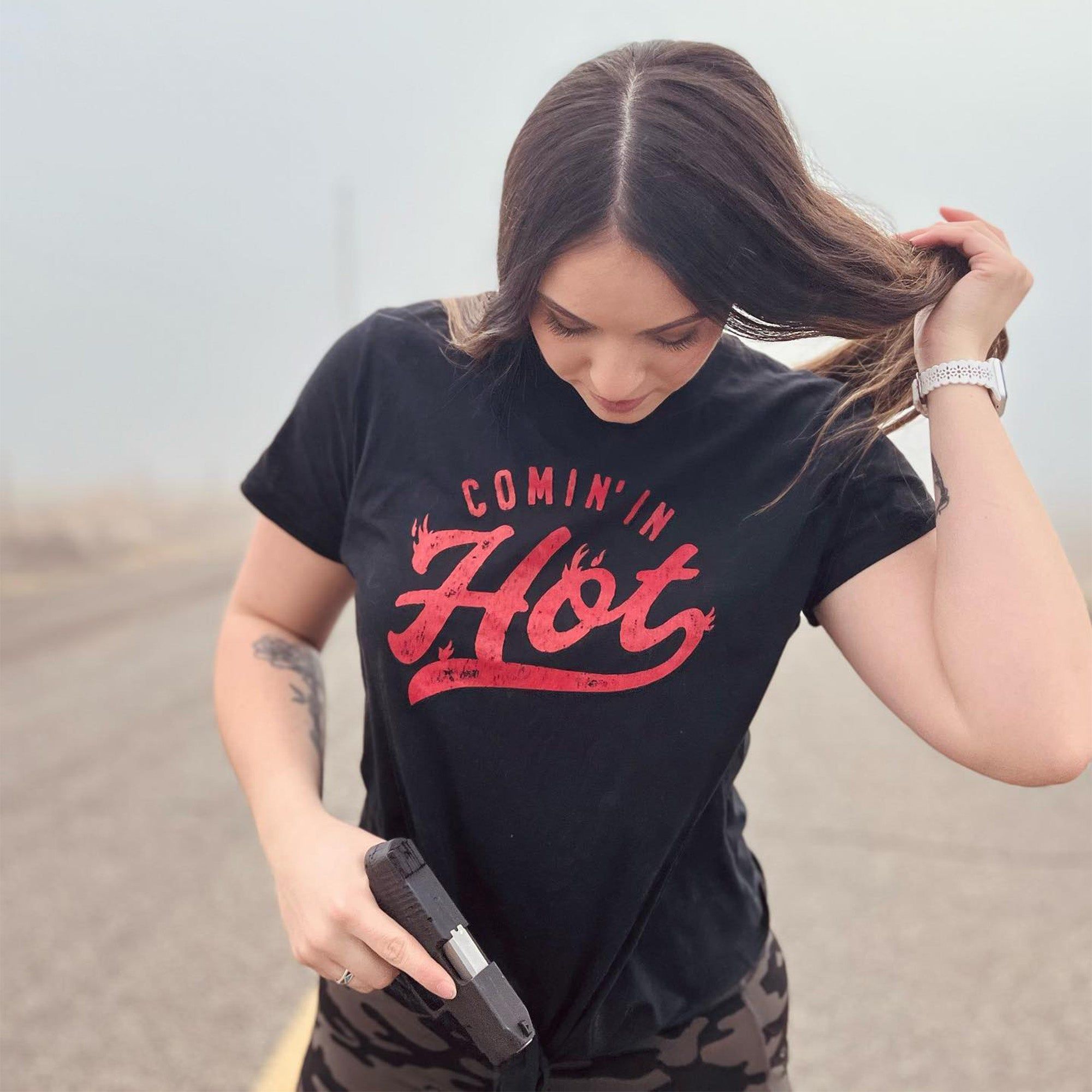 Women's Comin' In Hot Tie Front T-Shirt - Black sold by Grunt Style product image thumbnail 5