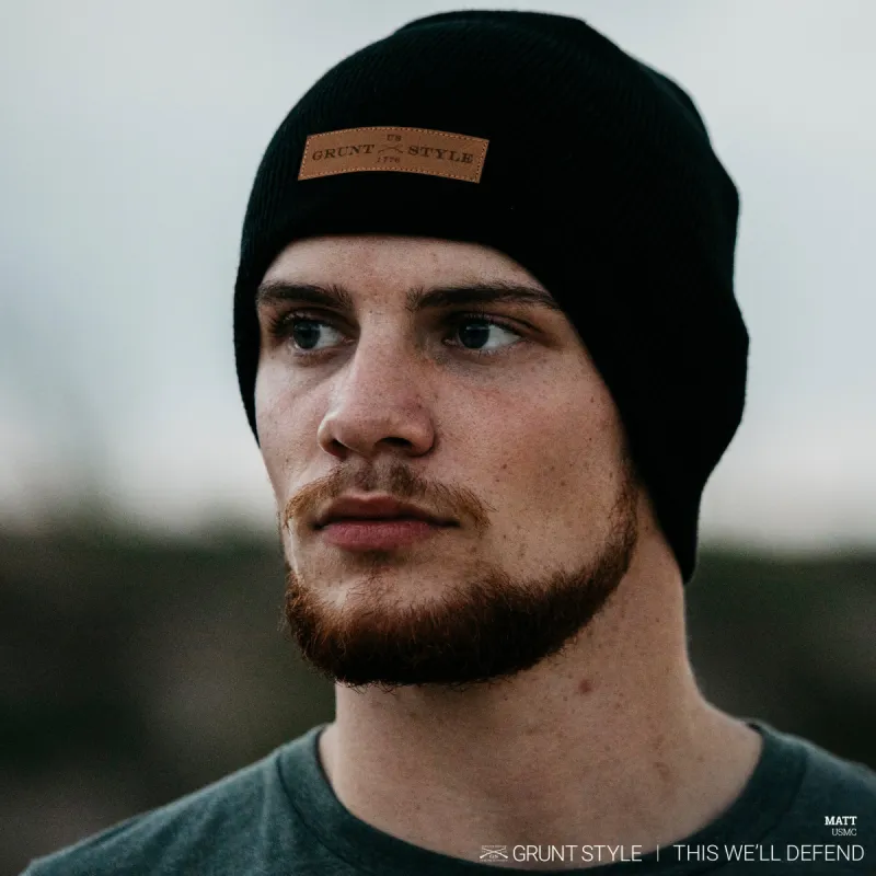 Leather Patch Beanie - Black made by Grunt Style
