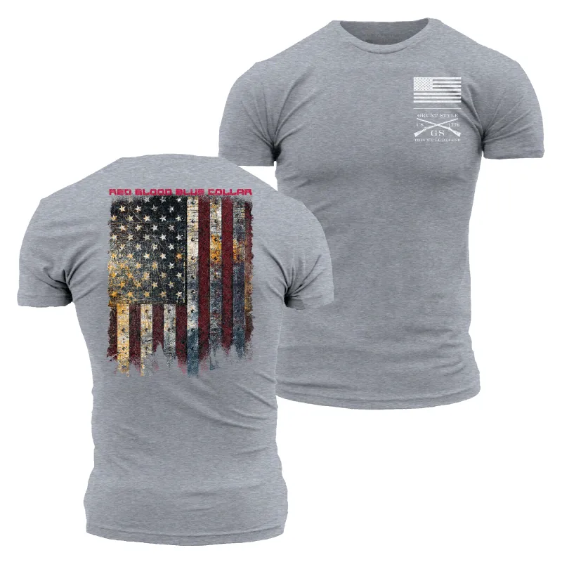 Red Blood Blue Collar® T-Shirt - Dark Heather Gray sold by Grunt Style